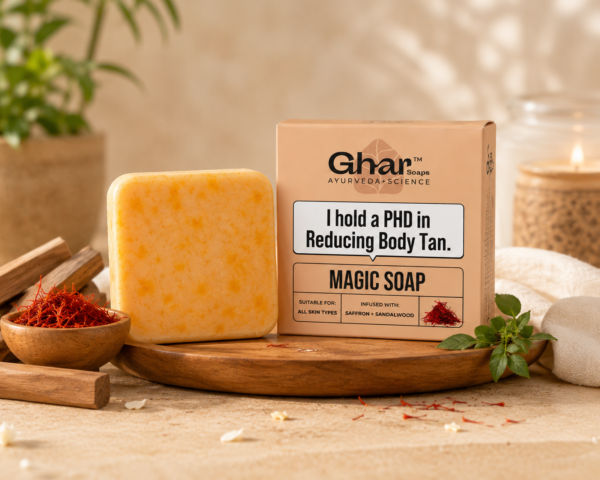 ghar soap3 Ghar Magic Soap with Saffron & Sandalwood – Body Tan Removal